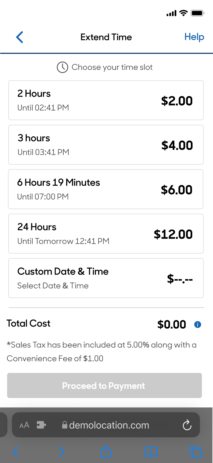 Perfect Parking app showing Extend Time screen with 2, 3, 6 and 24 hour pricing options