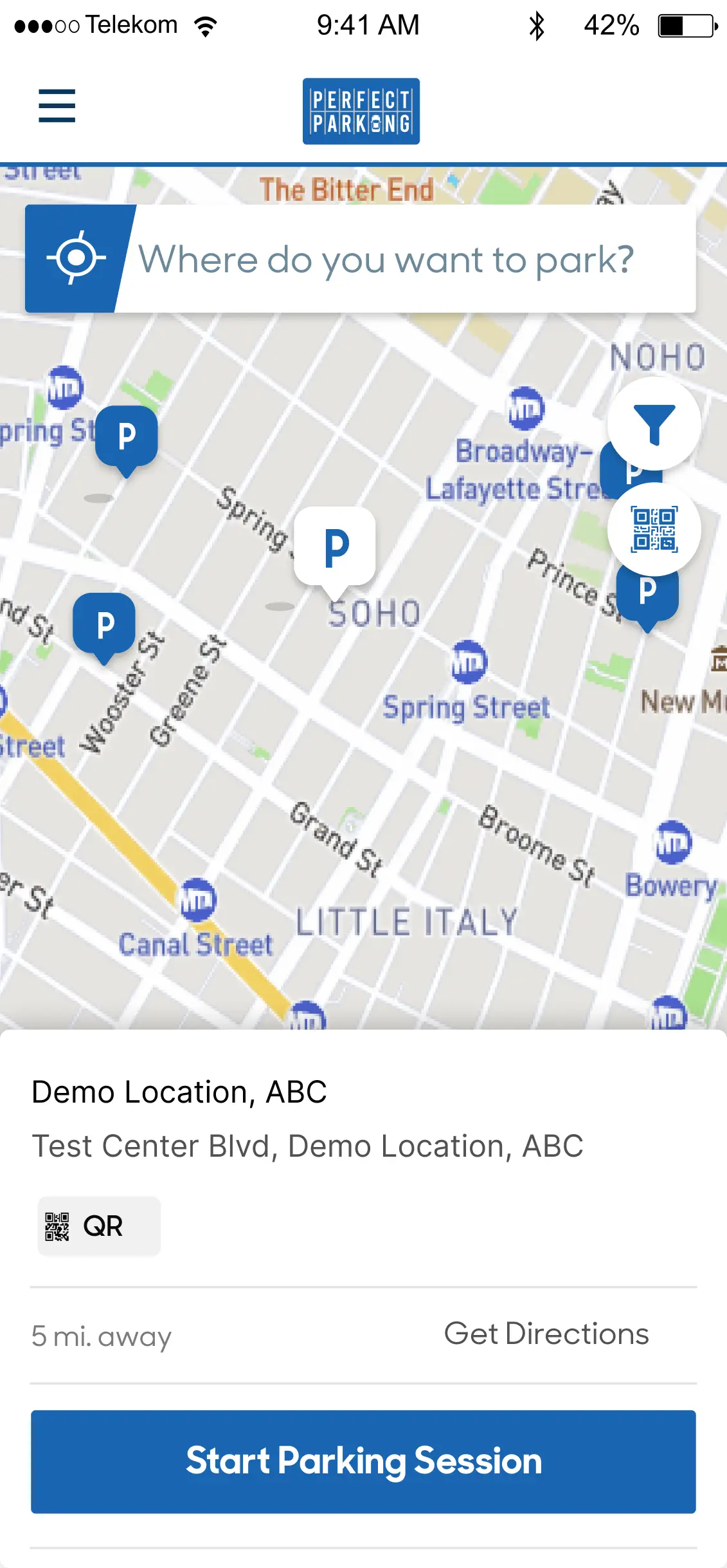 Perfect Parking app showing map view with parking locations and Start Parking Session button