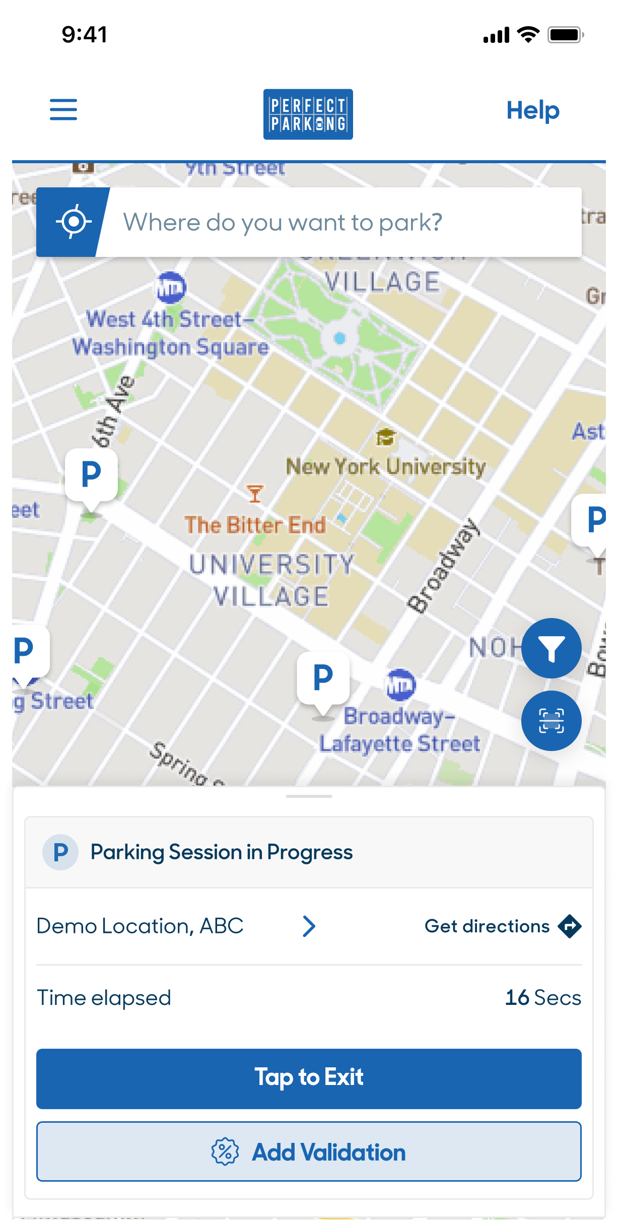 Perfect Parking app showing a gated parking session with Tap to Exit and Add Validation buttons