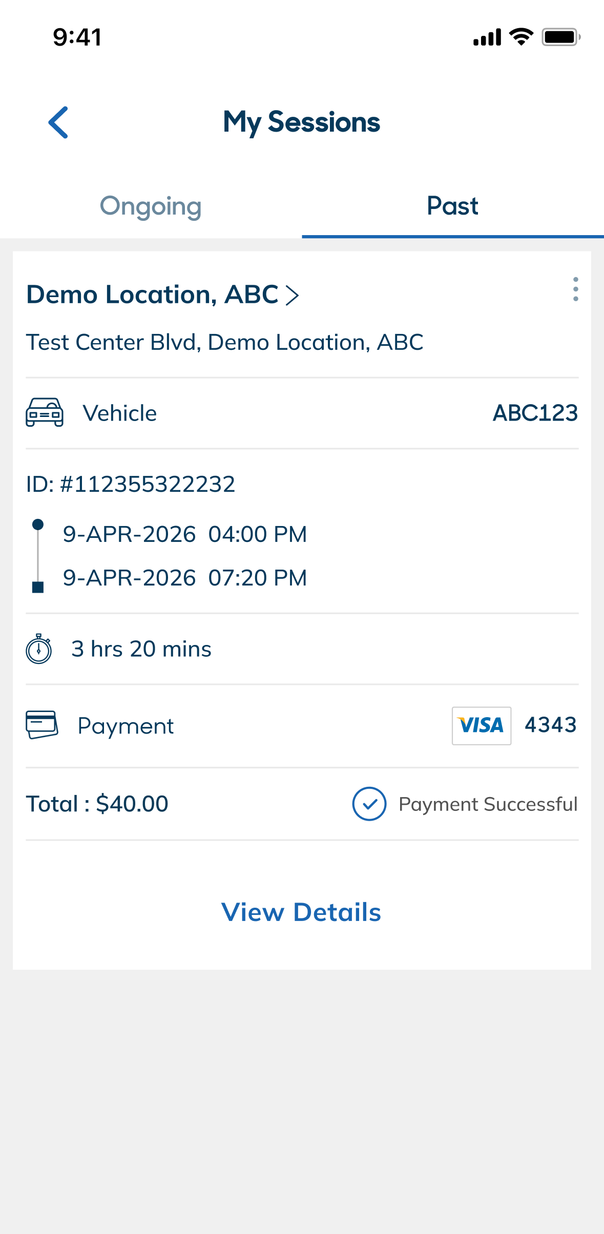 Perfect Parking app showing a past session detail with Payment Successful confirmation
