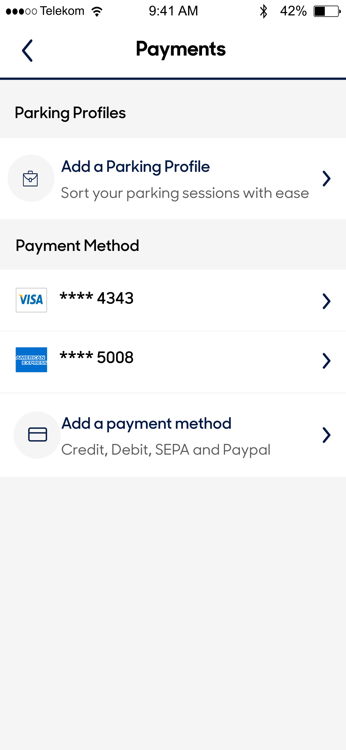 Perfect Parking app showing Payments screen with saved Visa and Amex cards