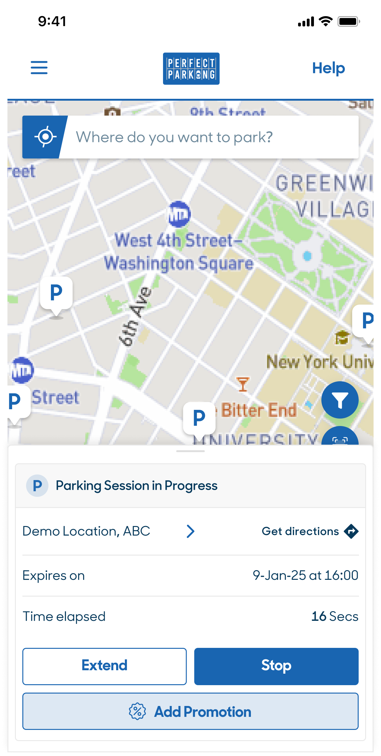 Perfect Parking app showing an active parking session with time elapsed and options to Extend, Stop, or Add Promotion