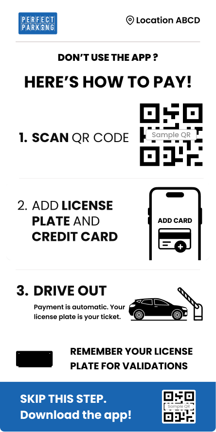 Example Perfect Parking sign explaining QR-code payment steps