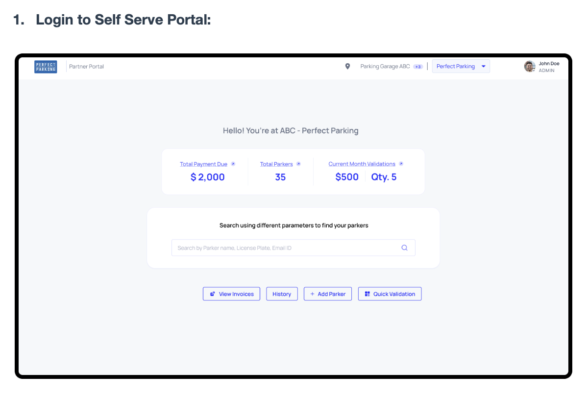Perfect Parking Partner Portal showing revenue, parkers, and validations dashboard